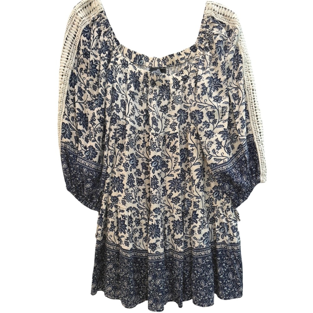 Angie Blue Floral Paisley Boho Peasant Crochet Lace Trim Tiered Mini Dress Small